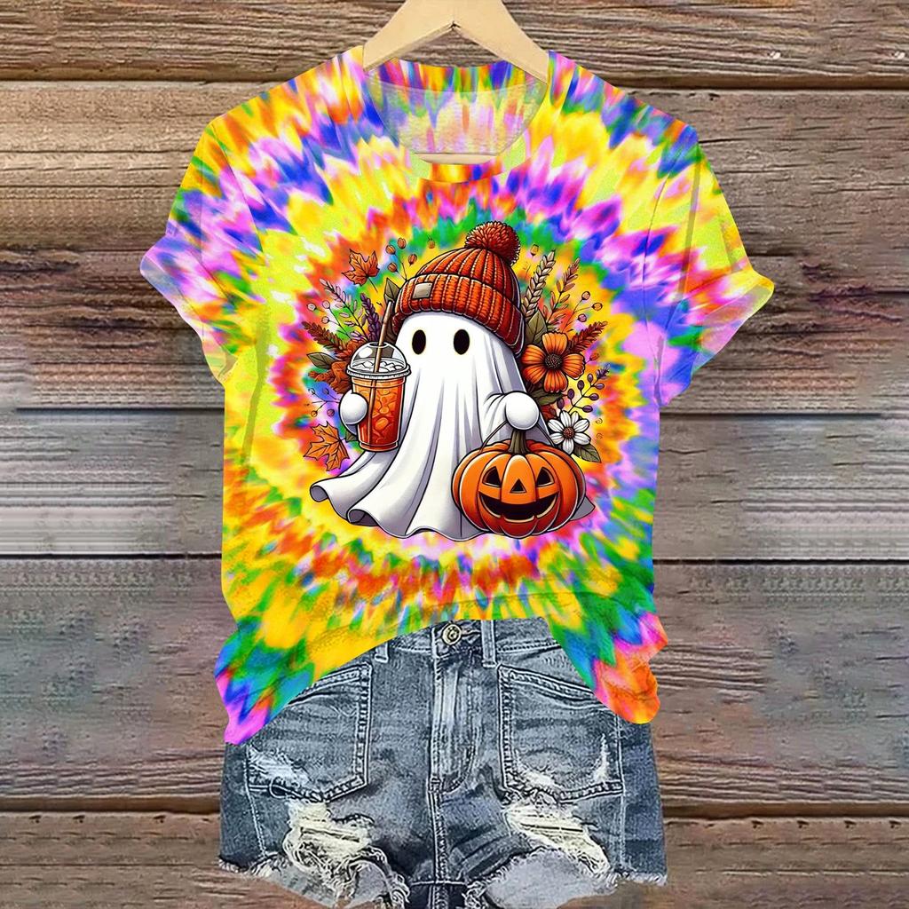 Ladies' Casual Halloween Printed Round Neck Short Sleeved T-Shirt