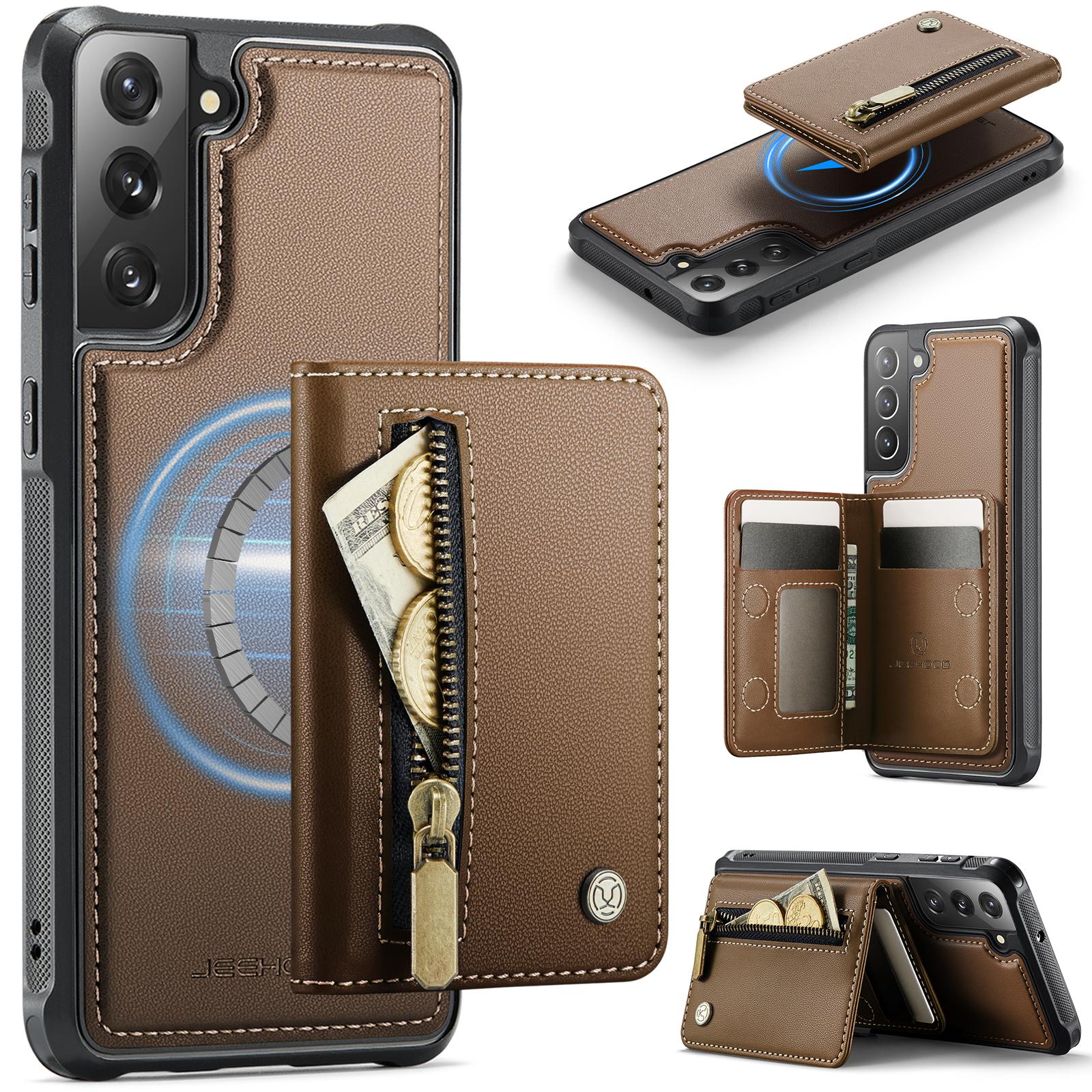 

For Samsung Galaxy S22+ 5G Case JEEHOOD J12 Magnetic Detachable Zipper Wallet Kickstand Leather Back Cover Magnetic Case
