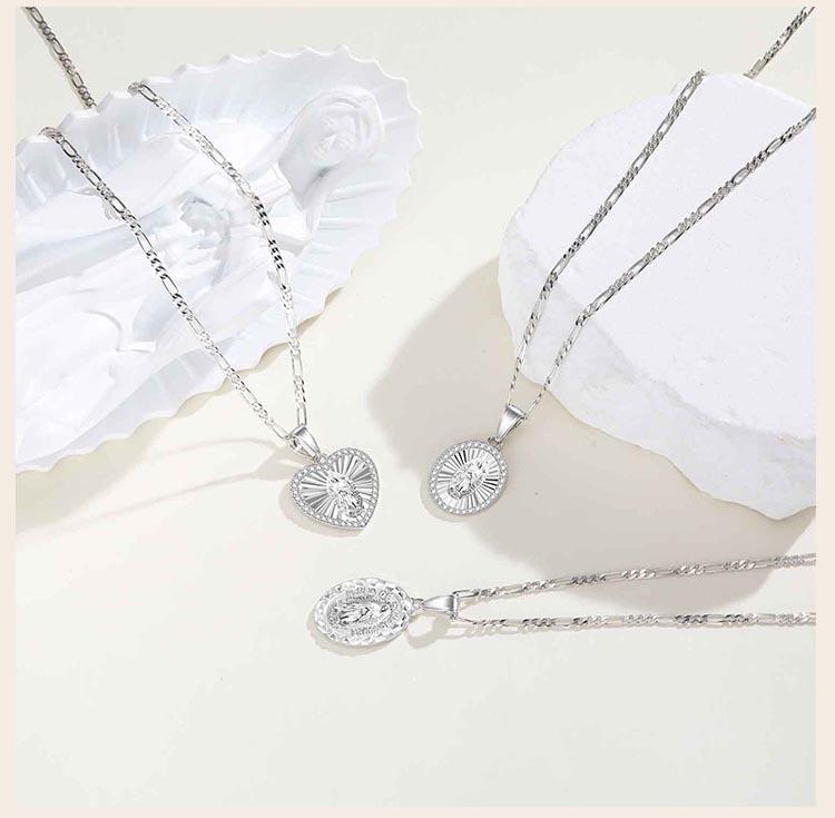 Cubic Zirconia Virgin Mary Pendant Necklace For Women, Oval Heart Stainless Steel Figaro Chain, Catholic Religious Jewelry