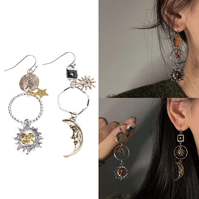 Elegant Sunflower Drop Earrings Asymmetrical Sun and Moon Ear Pendants Accessories Jewelry for Fashion Enthusiasts