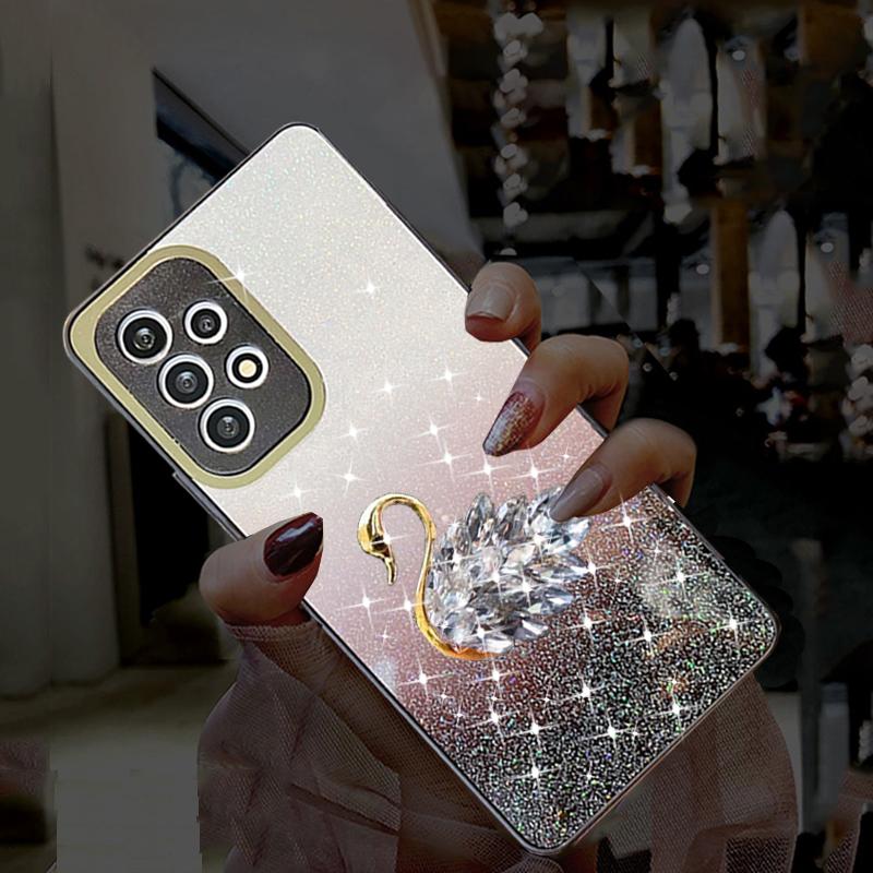 Glitter Diamond Swan Case For Samsung Galaxy A53 A73 A13 A12 A51 S22 S21 Redmi Note 11 10C iPhone 14 13 12 11 Pro Max Gradient Bling Sequin Soft Cover