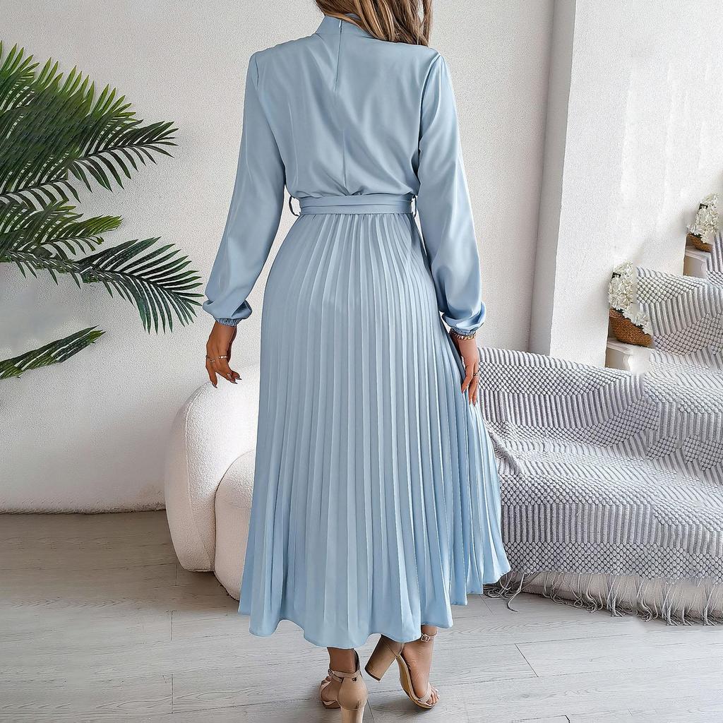 Autumn Winter Women Stand Collar Long Sleeve High Waist A Line Pleated Solid Long Dress Sizes S To XXXL