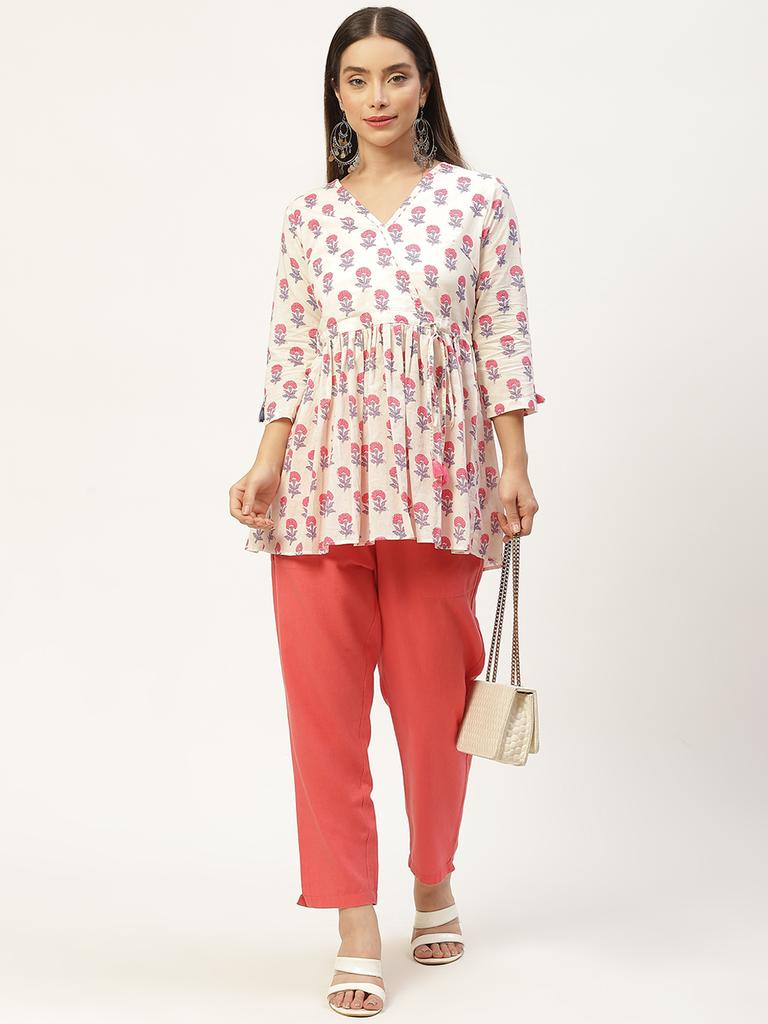 Woman White Print Wrap Top