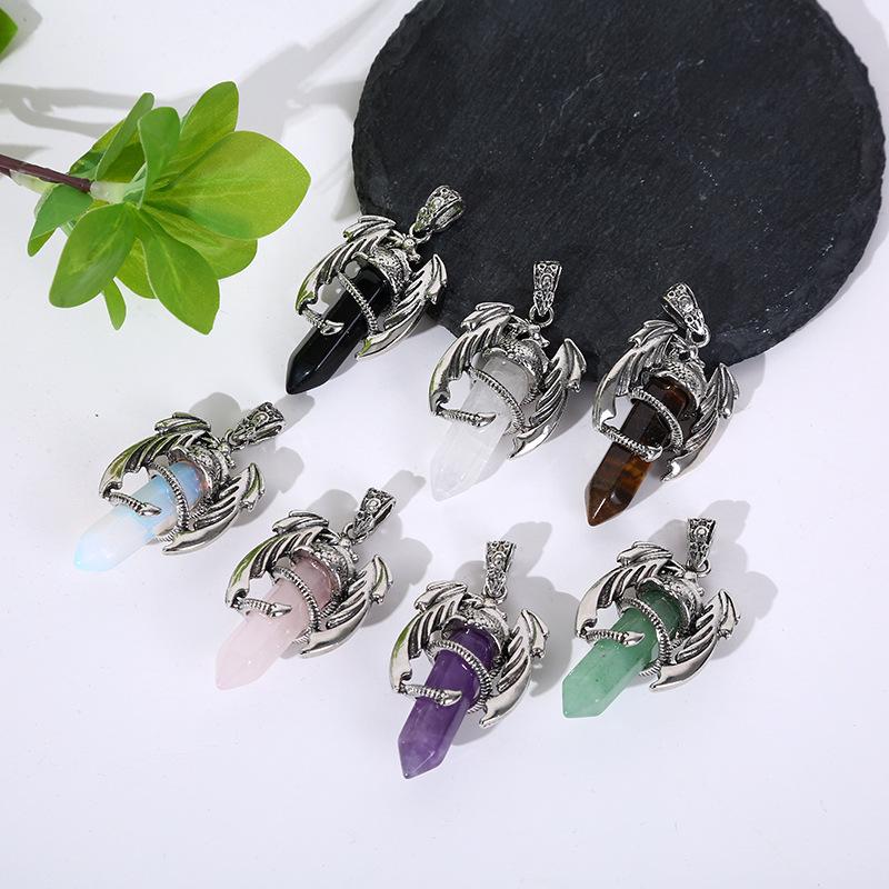 Vintage Flying Dragon Pendant Necklace with Amethyst, Rose Quartz, and Tiger Eye Gems
