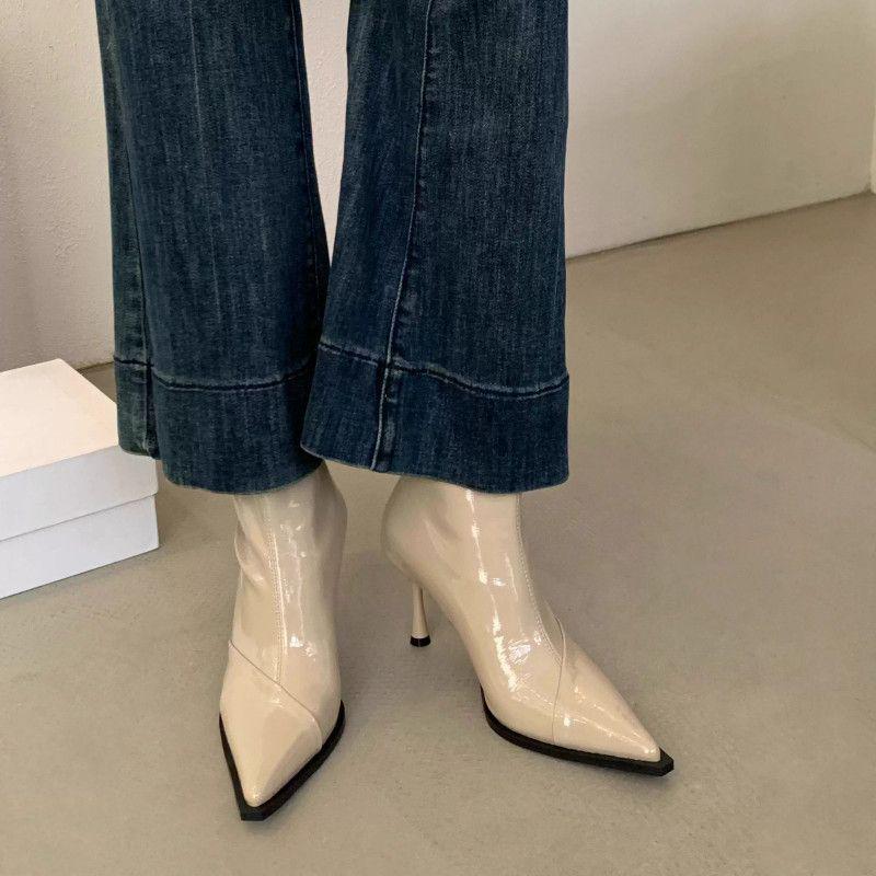 French Women's Stiletto Heel Black Patent Leather Ankle Boots - Elegant & Versatile for Autumn/Winter 2025