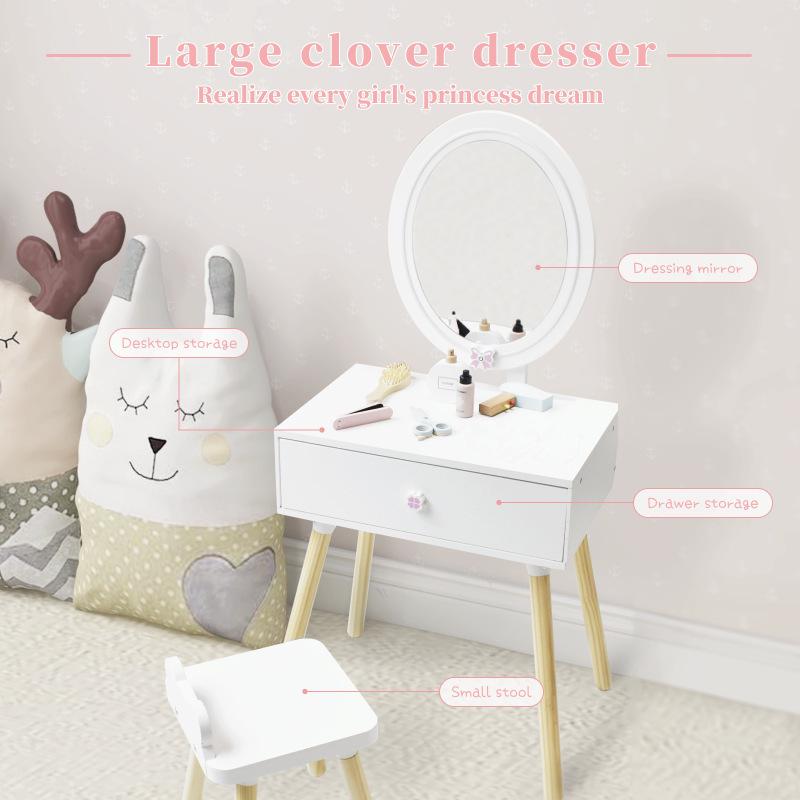 Wooden Four-Leaf Clover Vanity Toy: Baby Girl's Imitation Dressing Table with Lipstick, Eyeshadow, Hair Dryer, and Mask