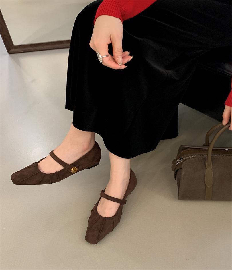 Inner Height Increase Suede Folds with Skirt Single Shoes Women's Shoes 2025 New Spring and Autumn Square Head Mary Jane Evening Shoes