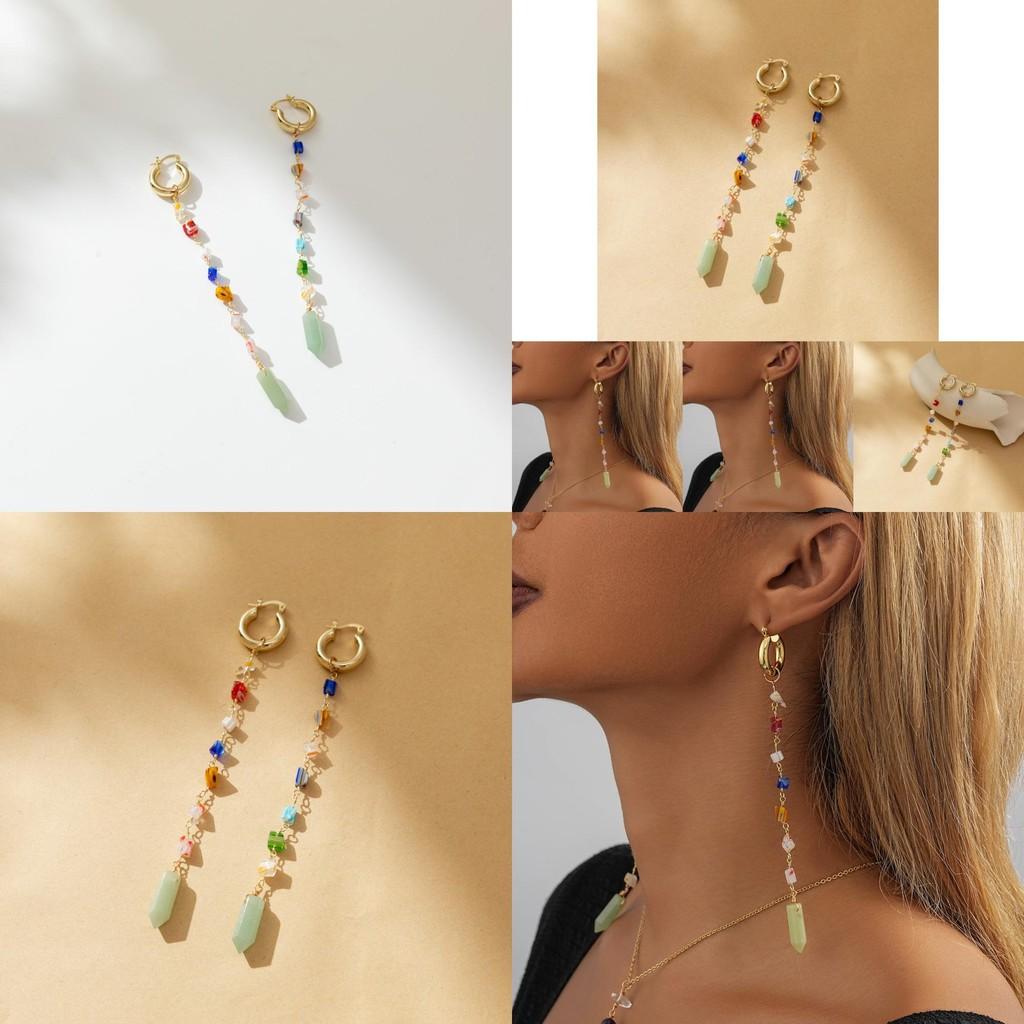 Unique Geometric Natural Stone Earrings With Colorful Chain Details Perfect For Street Style