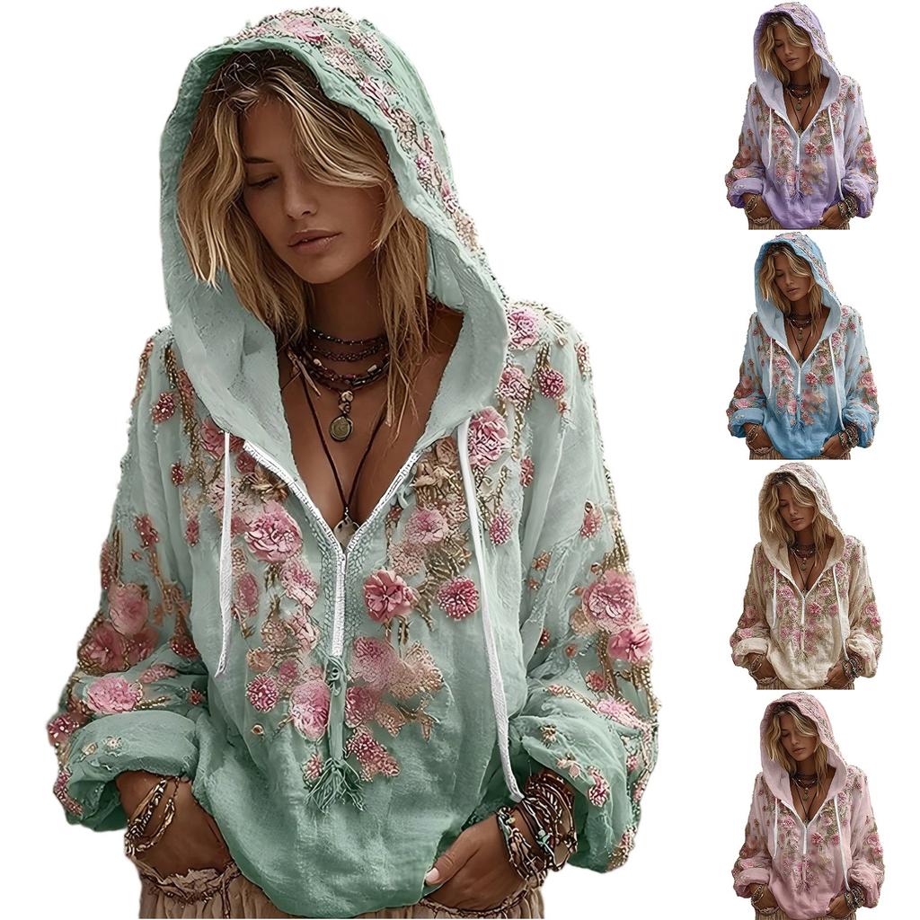 Damenmode Langarm Kapuzenpullover Vintage Blumendruck Lässiges Sweatshirt Oberteil