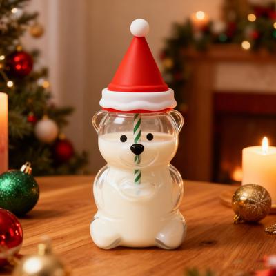 Bear Glass Cup with Spill-Proof Lid And Straw Cute Bear Tumbler for Coffee Smoothies