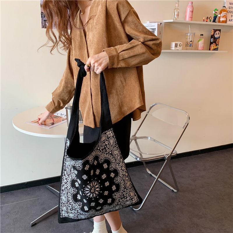 WTEMPO Retro Casual Versatile Single Shoulder Bags Black Pattern Large Capacity Canvas Handbag Women's Travel Shopping Message Bag