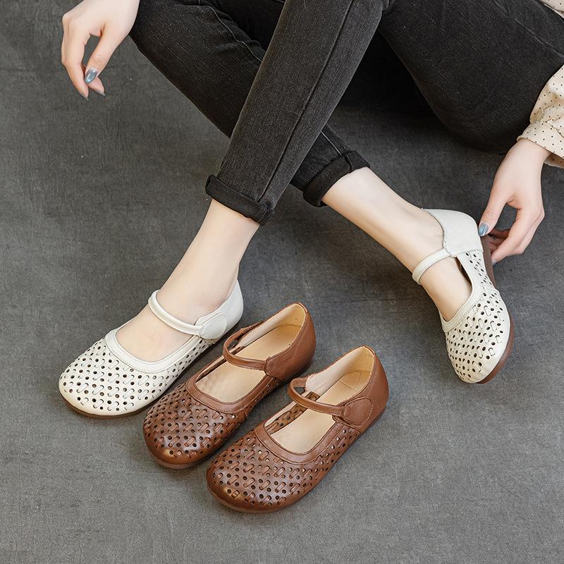 Fashion GKTINOO Genuine Leather Sandals 2025 Summer New Breathable Hollow Soft Sole Shallow Comfortable Women's Flat Shoes