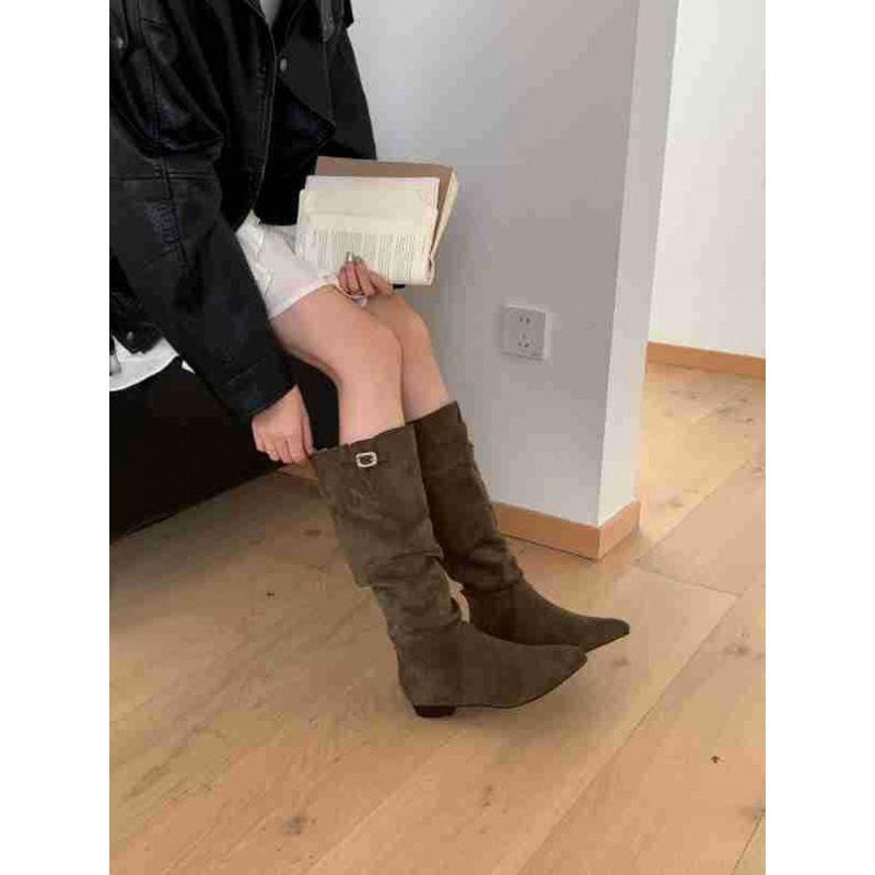 

2025 autumn new round head suede tall tube thin but knee knight thick heel versatile women s riding boots 39 малиновий