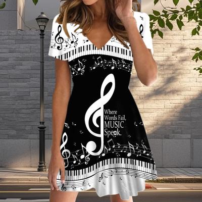 Sommermode Damen V-Ausschnitt Kurzarm Klaviertasten-Druck Kleid Sexy Kurzer Rock Kleider