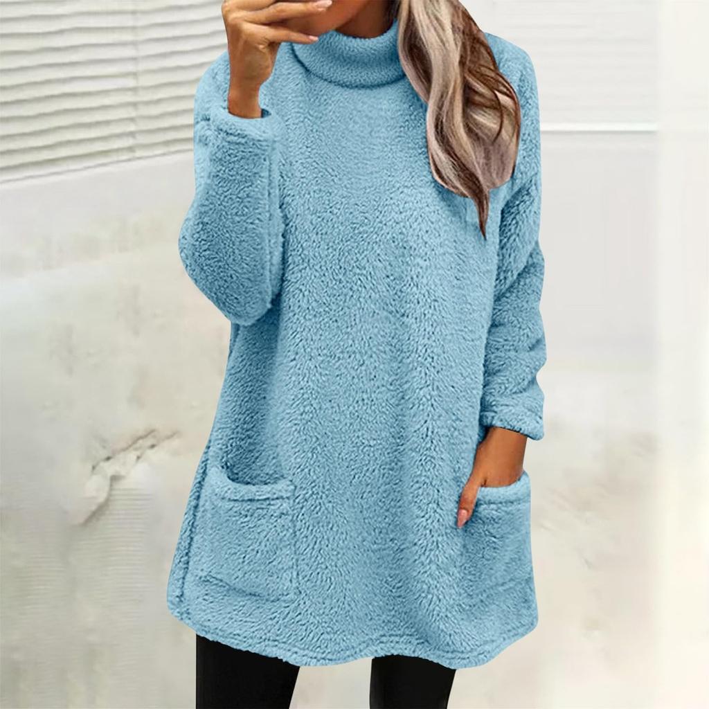 Bluzy damskie z golfem jesienno-zimowe ciepłe swetry plus size tuniki pulowery topy z kieszeniami