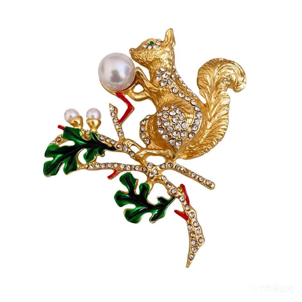 Rhinestone Studded Pearl Vintage Squirrel Pin Gold Squirrel Animal Lapel Pins  New Year Gifts