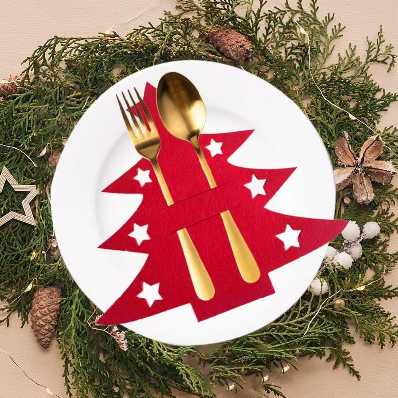 10/12Pcs Christmas Tree Felt Placemat Set Holiday Tableware Protector Forks Spoons Holder Festive Dining Table Decor