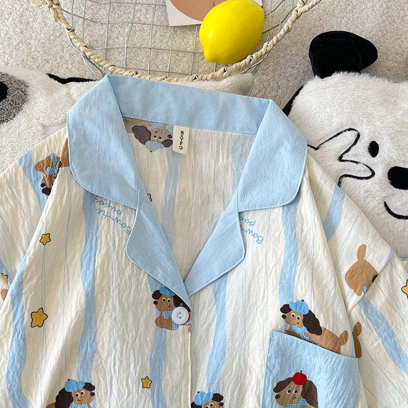Women's Cartoon Short Sleeve Pajama Set - Korean Style Cloud Cotton