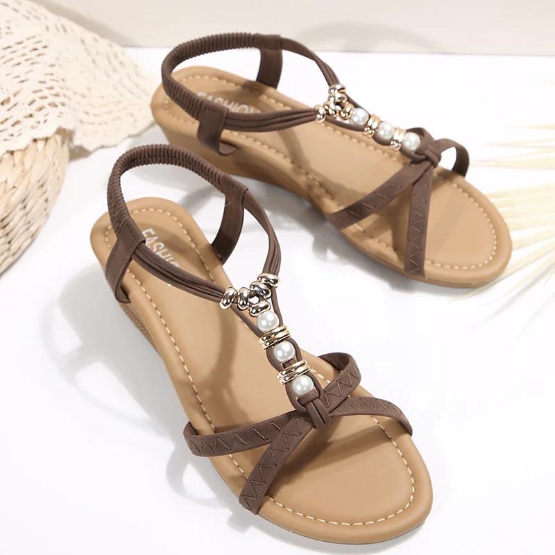 Fashion Pearls Decor Wedge Sandals for Women Summer 2025 Comfort Non Slip Beach Shoes Woman Lightweight Elastic Band Roman Sandals Mujer