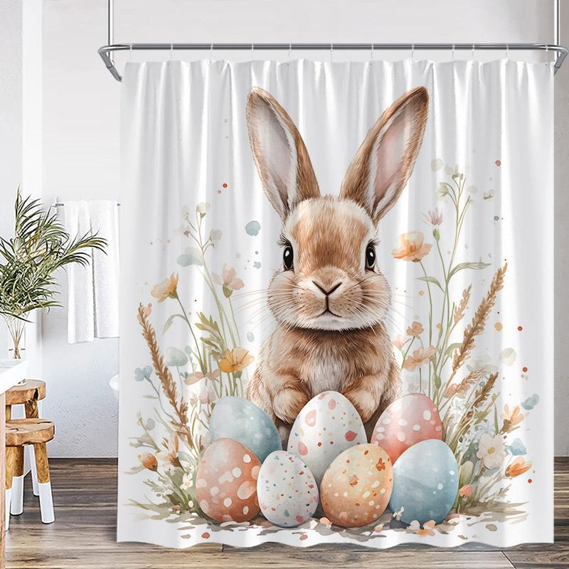 Easter Shower Curtains Watercolour Floral Leaves Butterfly Cute Rabbit Bath Curtain Fabric Home Bathroom Decoration With Hooks