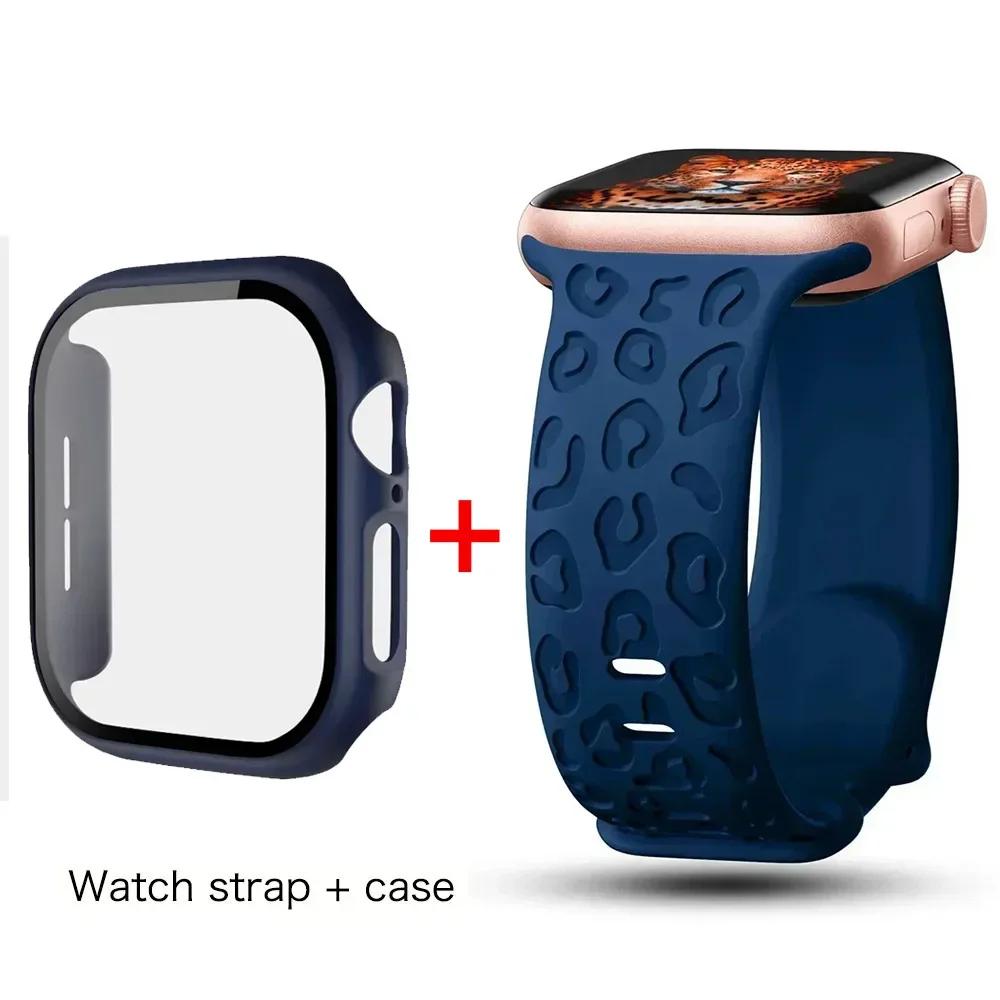 Glass+Case+Strap for Apple Watch Band 45mm 44mm 41mm 40mm Engraved Leopard belt for Apple IWatch Series 10 8 7 6 SE 5 46mm 42mm