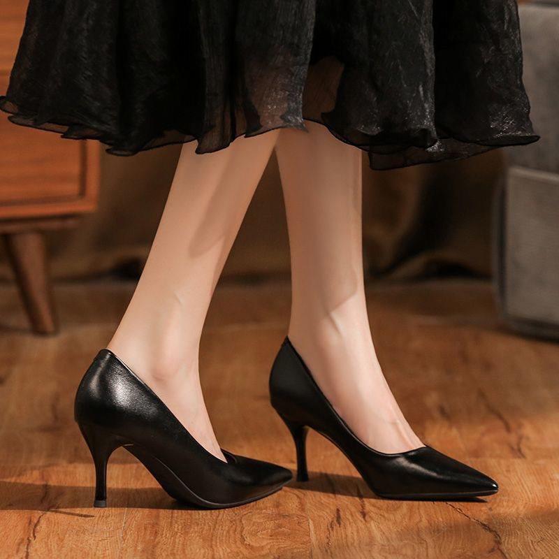 Temperament New Professional Pointed Soft Leather Work Shoes Wear-resistant High Heels Versatile Light Mouth Single Shoes