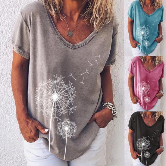 

Женская свободная футболка с коротким рукавом и V-образным вырезом с принтом одуванчиков, блузка, топ