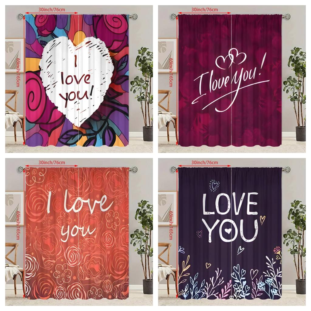 2 Stück - Ich liebe dich bedruckte Vorhänge, Stangentaschenvorhänge 42*84, Schlafzimmer und Wohnzimmer, Heimdekoration, Raumdekoration