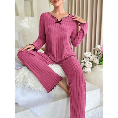 Damska jesienno-zimowa bielizna nocna Prążkowany zestaw piżamy Top z długim rękawem i długie spodnie 2-częściowy zestaw Casualowa odzież domowa Loungewear