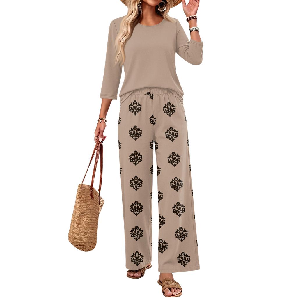 Women's Casual Two Piece Set Round Neck Loose Fit Top with Three Quarter Sleeves and Wide Leg Printed Pants Lounge Wear Set