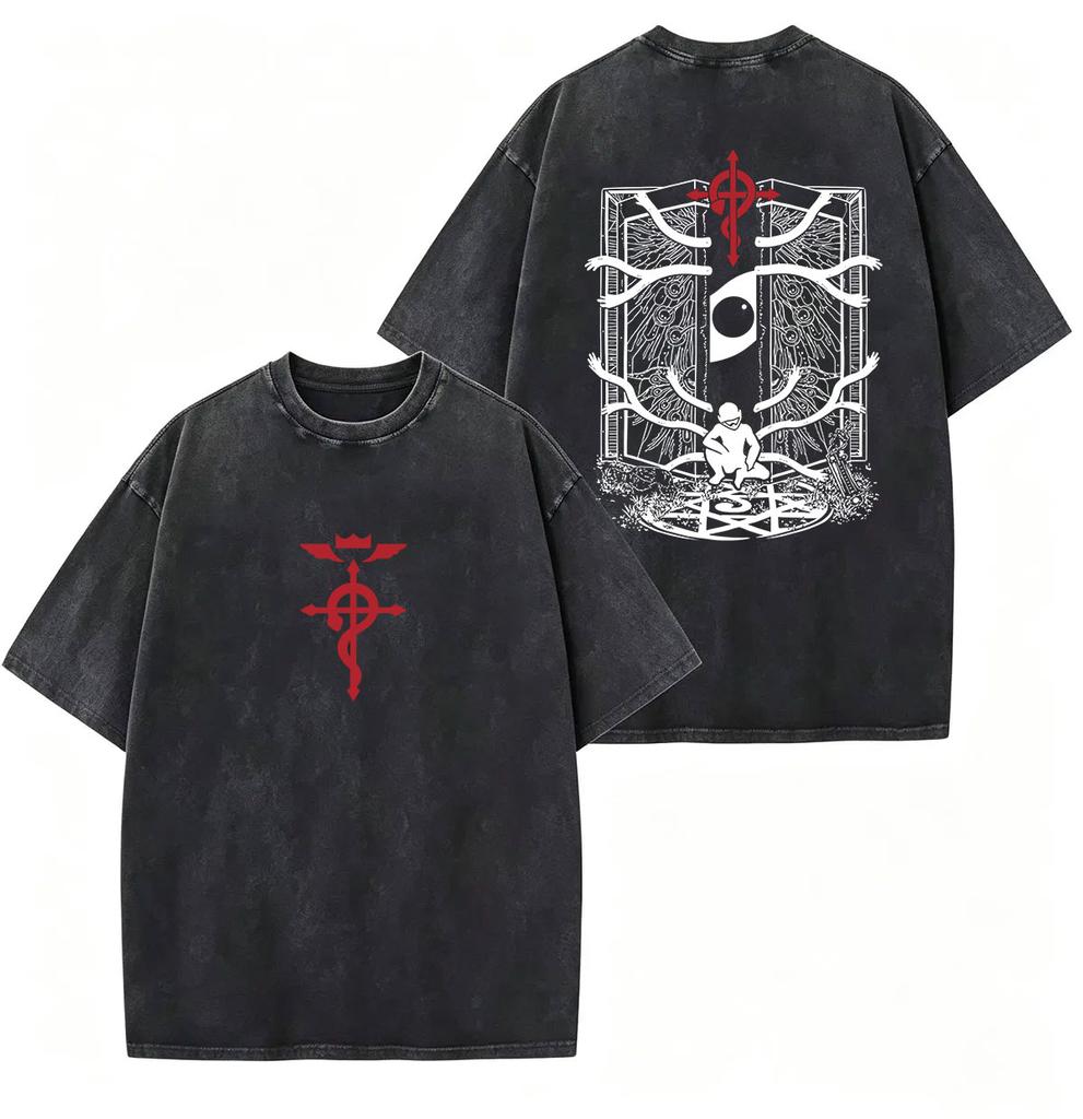 Vintage Washed Anime Fullmetal Alchemist Edward Elric Fans Graphic T Shirts Men Women Harajuku Clothing Oversized Cotton T-shirt