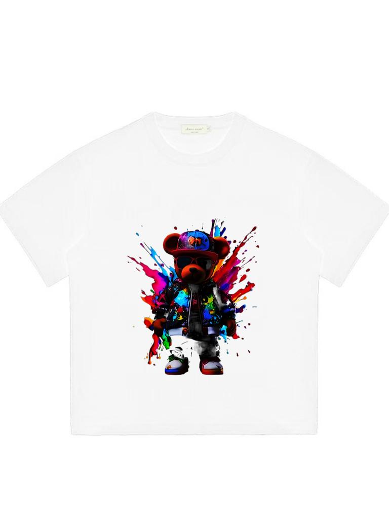 Black T Shirt with Colorful Bear Graphic Print for Casual Wear