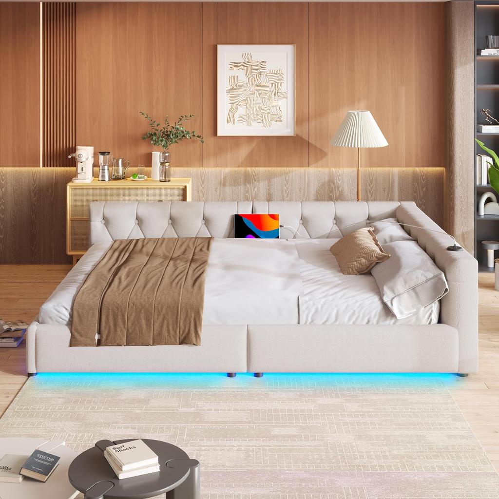 Schlafsofa 140x200 LED-Beleuchtung USB/Type-C Polsterbett Knopftuft-Kopfteil Lattenrost Tagesbett Gästebett Beige