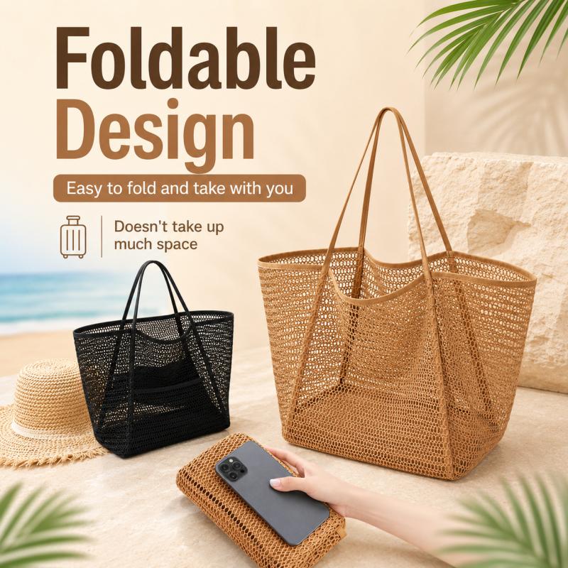 Foldable Mesh Beach Tote Bag Large Capacity Travel Shoulder Handbag With Zipper Pocket For Towels Clothes Cosmetics And Daily Storage