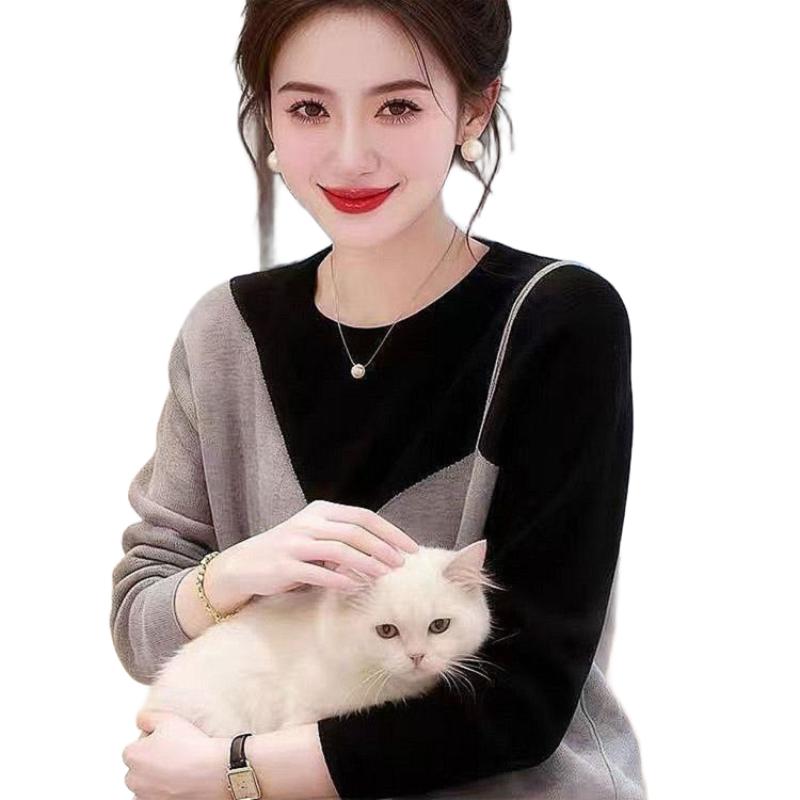Women's Korean-Style Contrast Color Fake Two-Piece Round-Neck German Velvet Base Layer Loose Slimming Long-Sleeve Top
