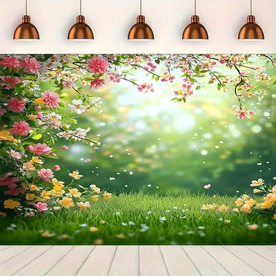Banner de Fondo Temático Flor Vibrante de Primavera Césped Verde Decoración de Fiesta de Cumpleaños para Niños y Adultos Fondo de Fotografía