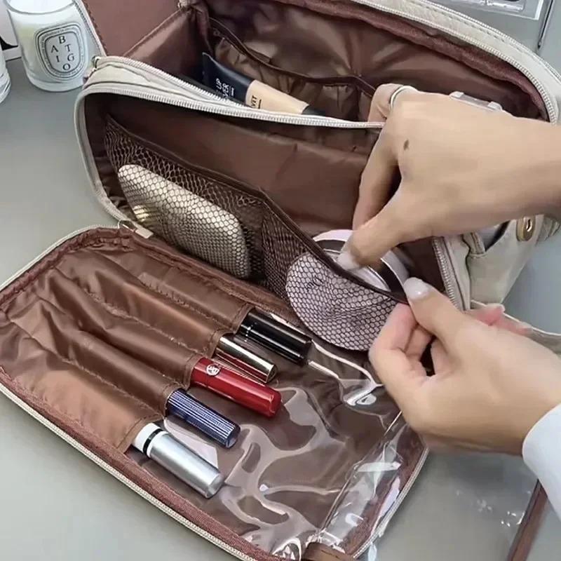 Multifunktionale Kosmetiktasche für Damen aus PU-Leder, großes Fassungsvermögen, tragbar, mit Doppelreißverschluss, Reise-Aufbewahrungstasche für Make-up-Pinsel und Toilettenartikel