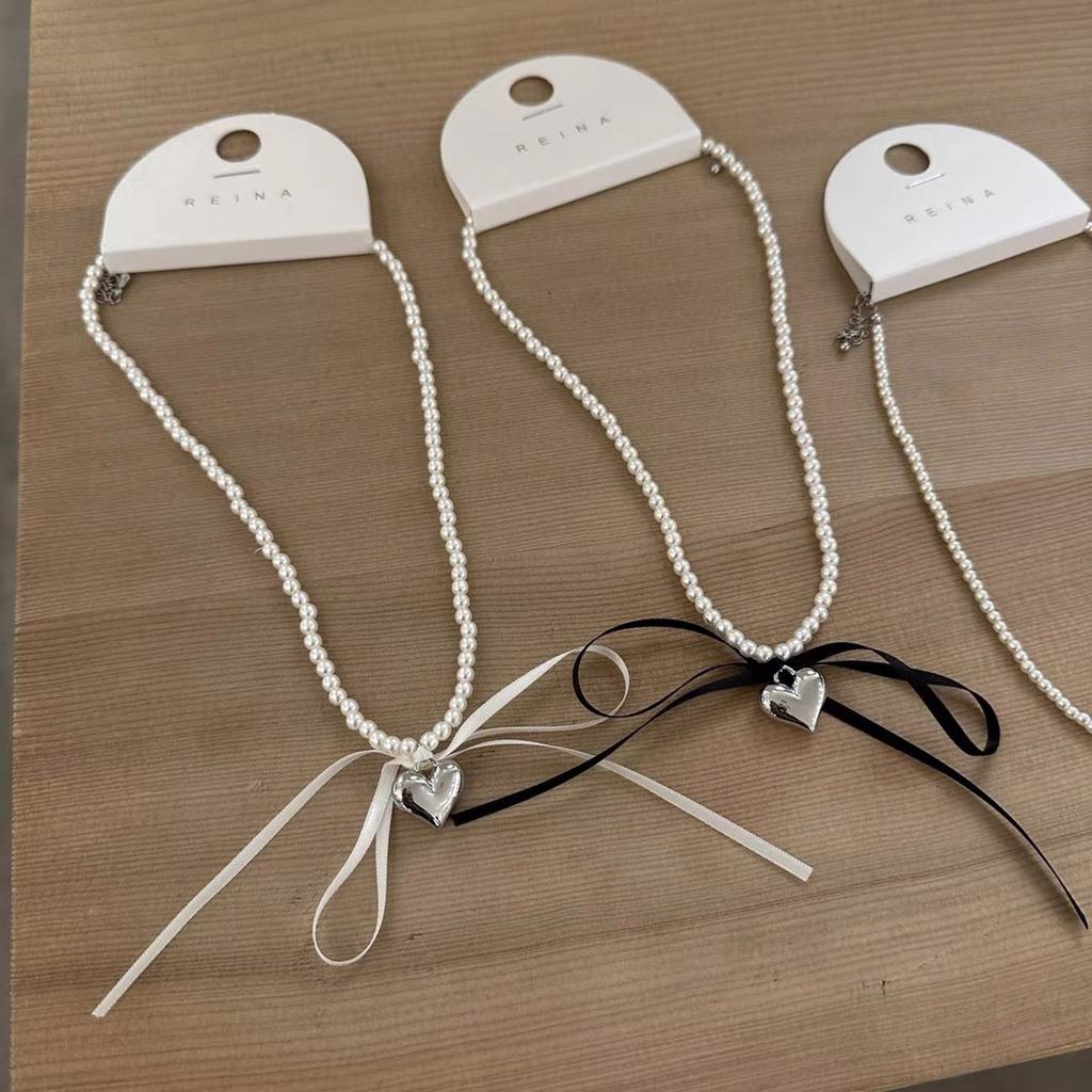Set of 2 Elegant Necklace Ribbon Bowknot Heart Pendant Neckchain Pearls Beaded Collar Chain for Women Stylish Ornament
