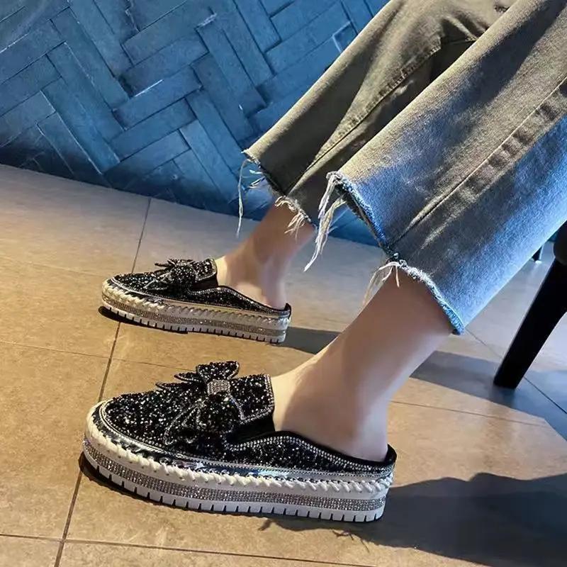Fashion Diamond Rhinestone Loafers with Crystals Ladies Shoes High on Platform Low Slip Women Footwear Bow Canvas 39 Cotton Trends 2024