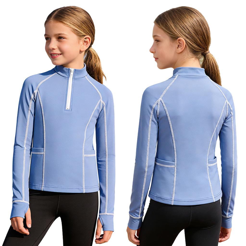 Comfortable Zip-Up Riding Shirt for Girls: Breathable Sweatshirt with Thumb Holes, Collared Neck & Secure Zip Pockets