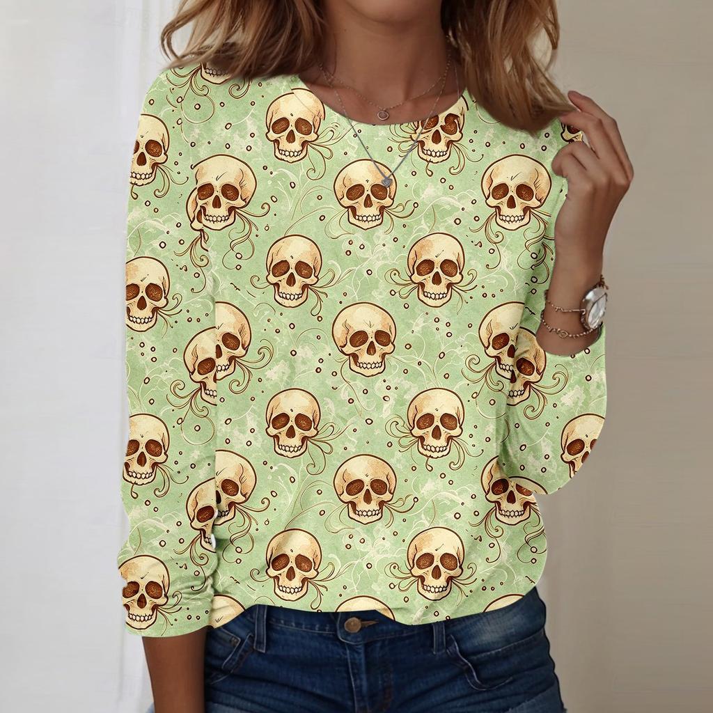 Women's Casual Long Sleeve Halloween Skull Print Pullover Crew Neck Top Lightweight Comfortable Fit for Everyday Wear
