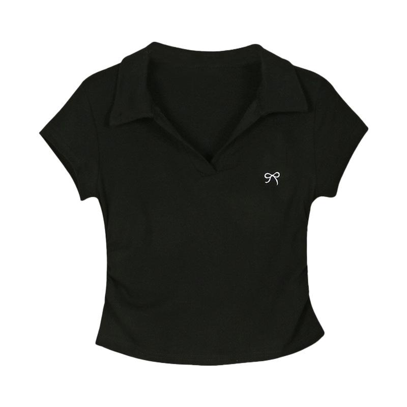 Large size pure cotton design sense polo collar shoulder short-sleeved t-shirt women's summer slightly fat mm sweet and spicy thin short top
