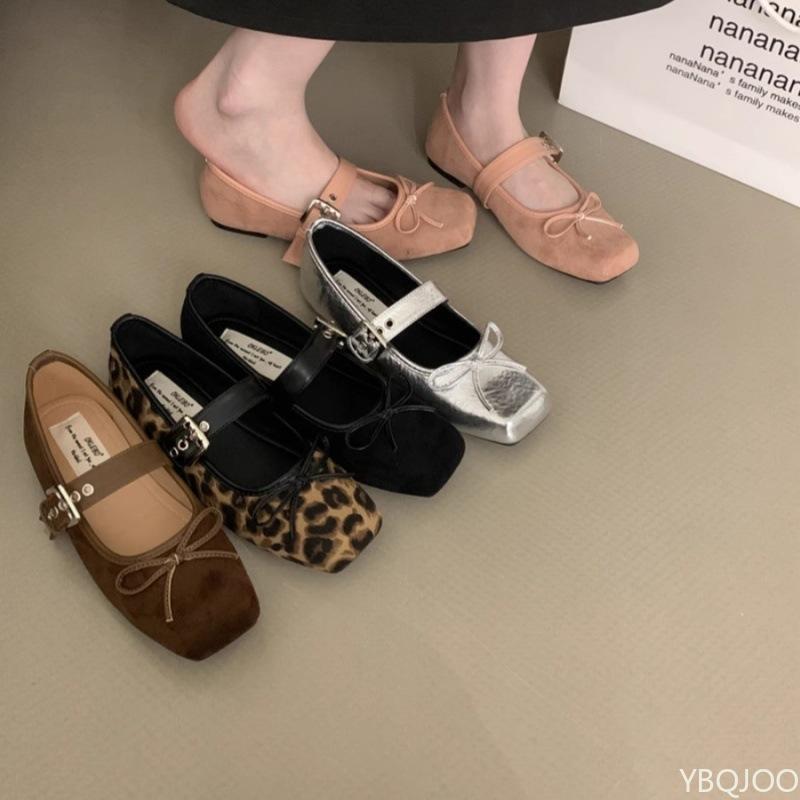 Women's Square Toe Shoes New Luxury Bow Flats Ladies Ballet Silver Belt Buckle Footwear Elegant Fashion Mary Jane Shoes