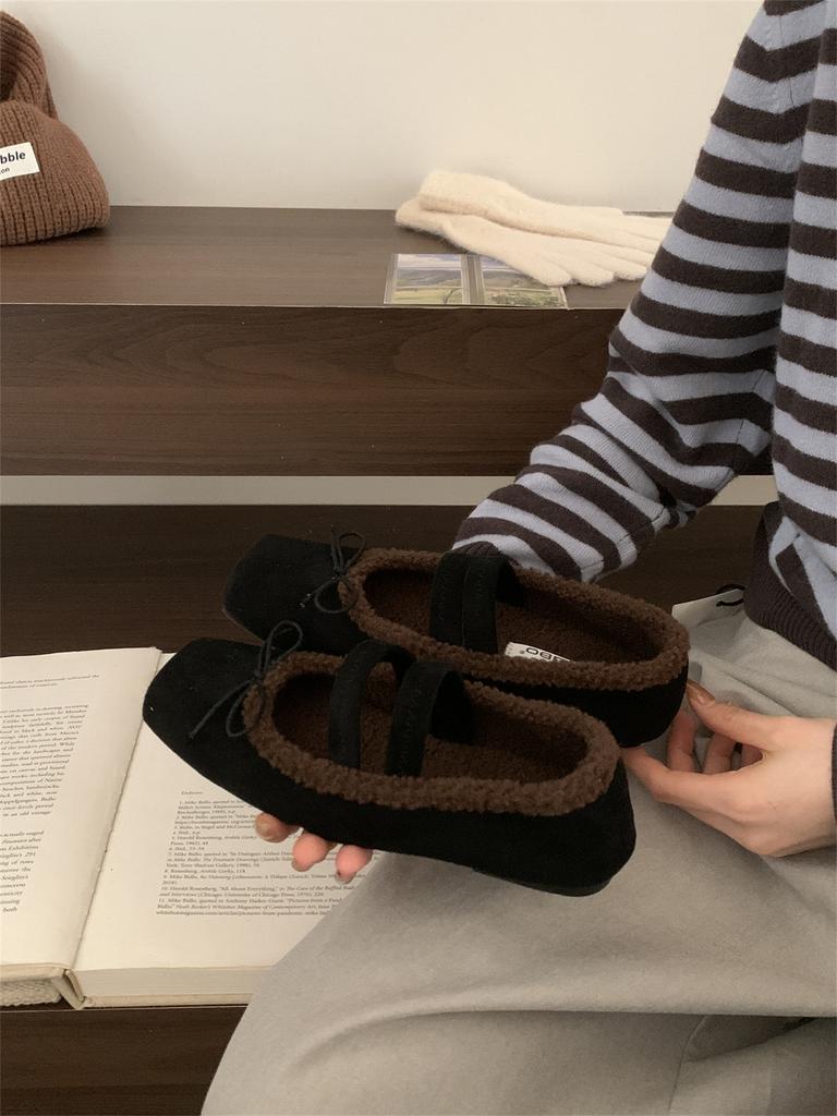 2025 autumn and winter new flat-bottomed bow velvet Mary Jane shoes women's warm ballet shoes lamb wool single shoes