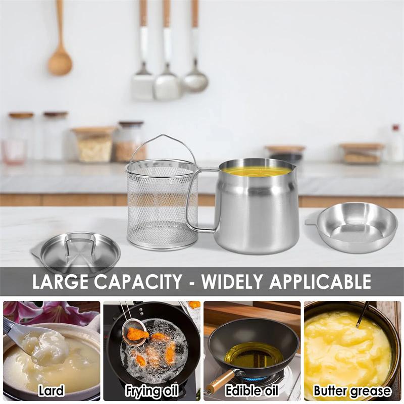 Oil Strainer Pot 304 Stainless Steel Oil Filter Large Capacity Ergonomic Handle Grease Container With Strainer Oil Storage Can