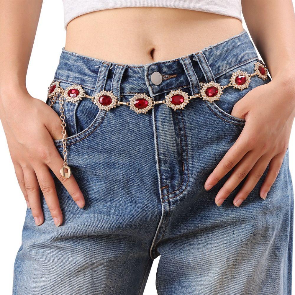 Metal Colorful Crystal Waist Chain Silver Y2K Waistband Rhinestone Belly Belts Decorative Jeans