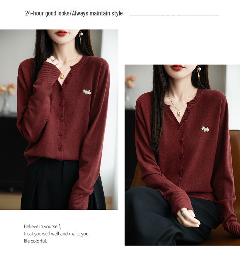 2025 Early Autumn Slimming Embroidered Cardigan - Women's Long Sleeve Notched Collar Knitwear