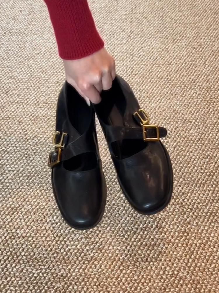 Leather Retro Round Head with Thick Heel Mary Jane Small Leather Shoes Women's New French Light Mouth Temperament Versatile Single Shoes