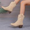 2025 New Western Cowboy Boots Knight Boots Women's Medium Tube Embroidery Retro Pointed Thick Heel Medium Tube Cotton Spot
