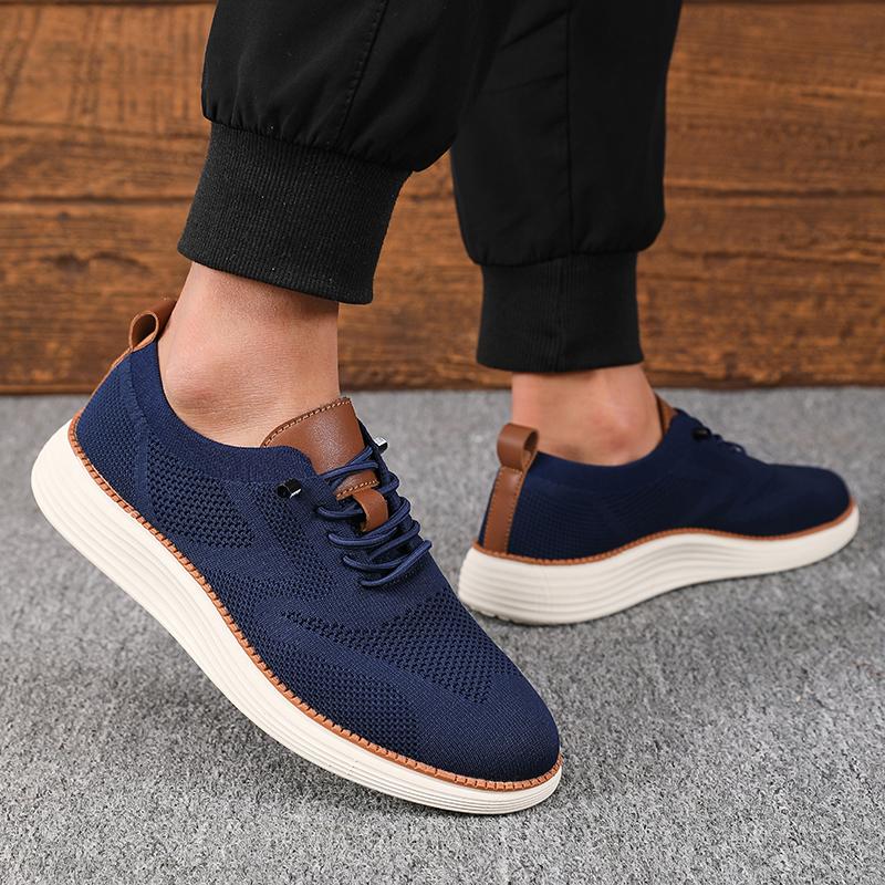 New Men's Classic Walking Shoes Summer Knitted Mesh Breathable Flat Shoes Lightweight Soft Sole Solid Color Lace Up Casual Shoes